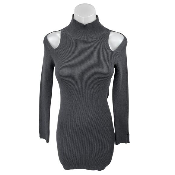 French Connection Lydia Black Rib Knit Long Sleeve Cutout Mini Sweater Dress S - Picture 1 of 5